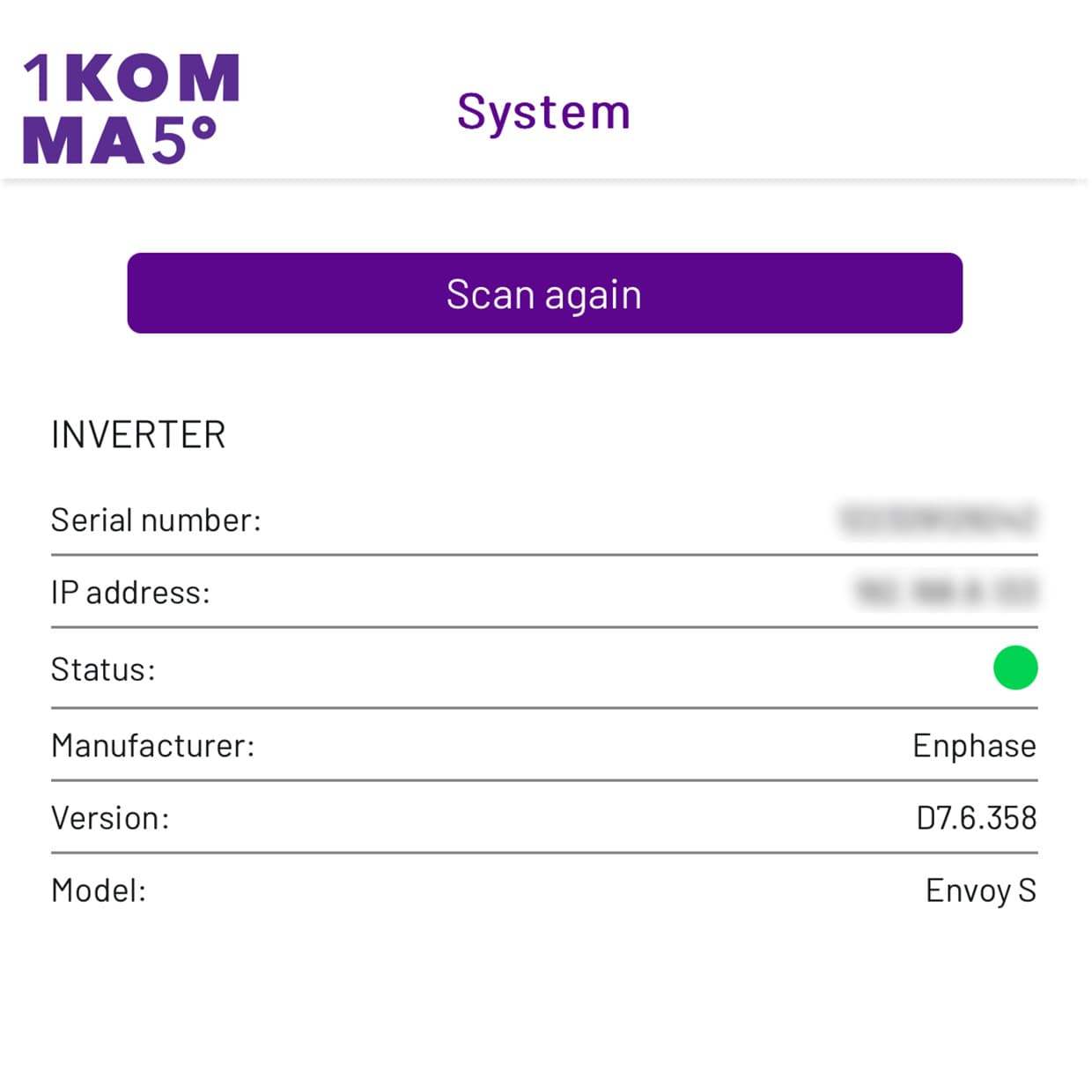 Systemfanen i 1KOMMA5 appen