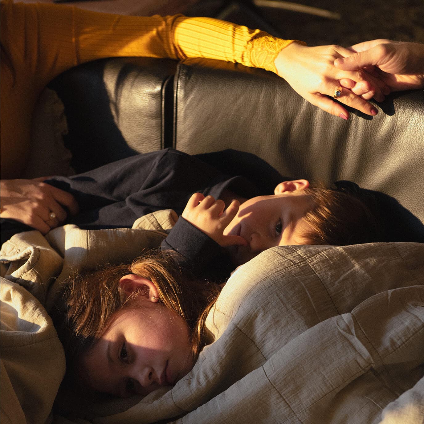 Familie i sofa med sollys, der lyser ind ad vinduet