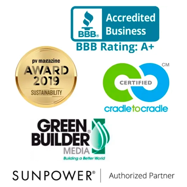 Sunpower awards: BBB Rating: A+, PV Magazine Award, Cradle to Cradle og Green Builder media